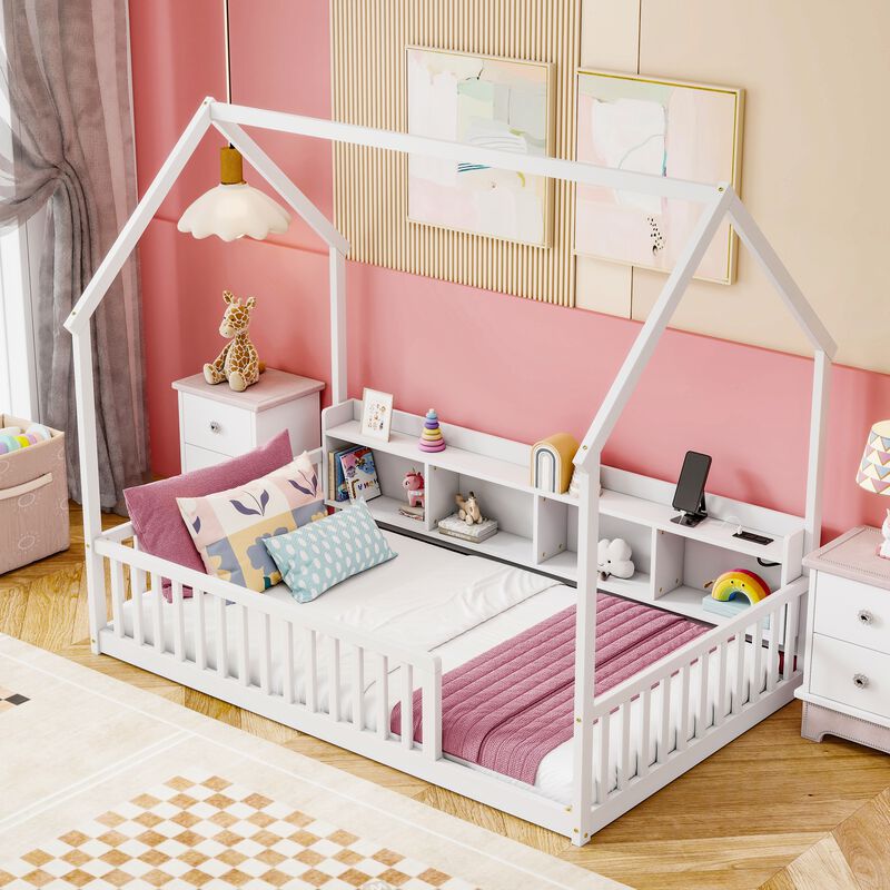 Whisen Twin Size House Floor Bed with Storage Shelves, LED Lights & Charging Station, Pine Wood Kids Platform Bed with Guardrails image number 2