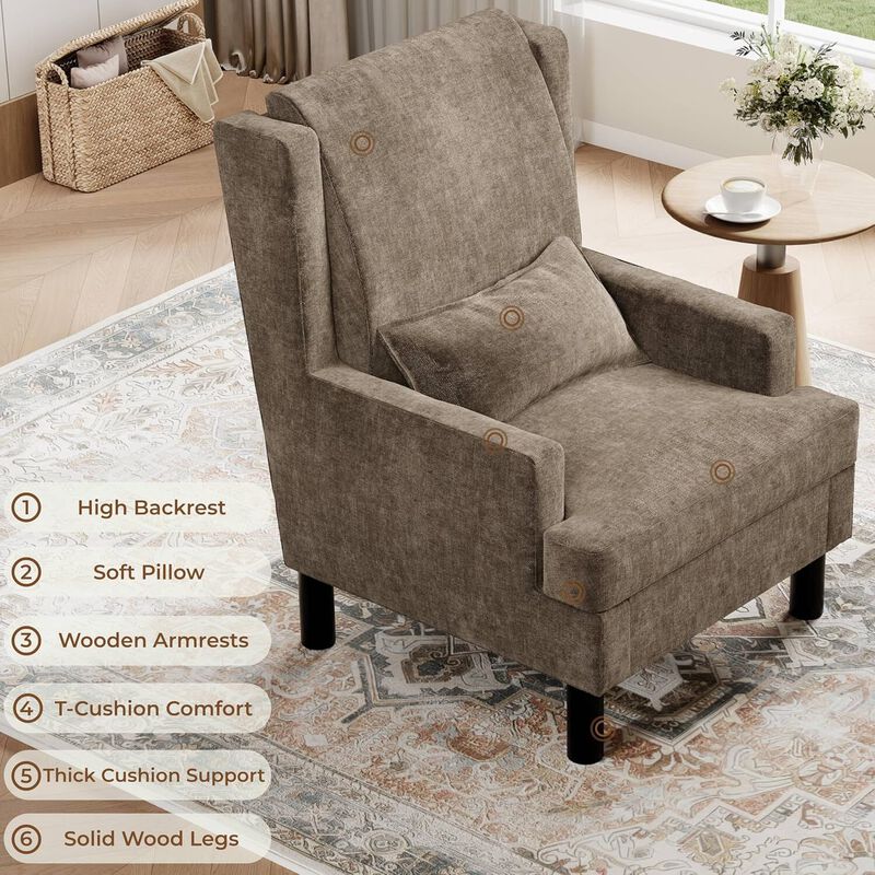 2 Pcs Upholstered Wingback Accent Chair, Modern Reading Armchair for Living Room, Bedroom, Light Brown image number 2