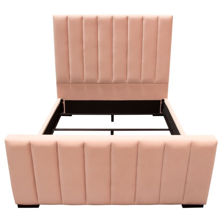 Eva King Bed, Vertical Channel Tufted Blush Pink Velvet Upholstery