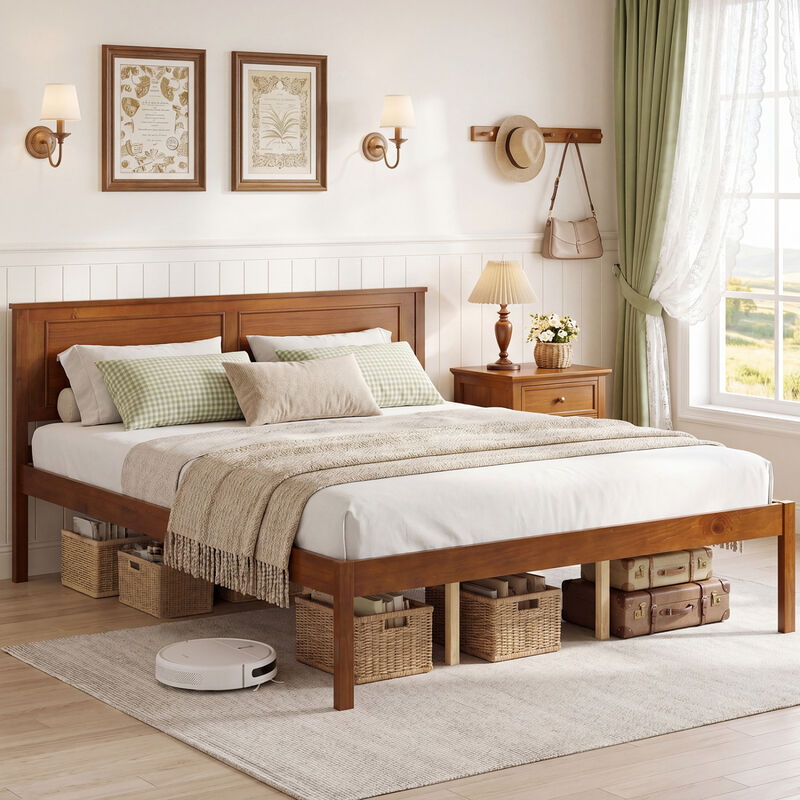Farmhouse Wood Bed Frame with Headboard and Platform Design for Bedroom-Walnut image number 7