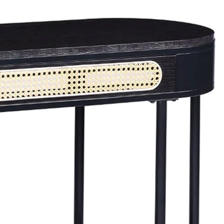 Bert 47 Inch Oblong Console Table, Rattan Apron Accent, Metal Legs, Black-Benzara