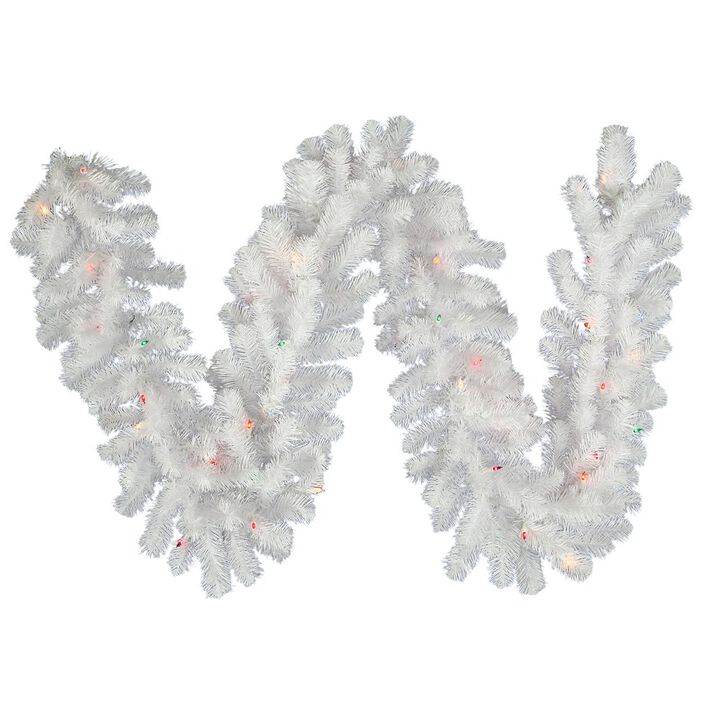 Vickerman 9' Crystal White Spruce Artificial Christmas Garland, Multi-Colored LED Mini Lights - Faux Spruce Christmas Garland - Seasonal Indoor Home Decor