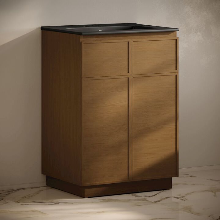 24" Freestanding Bathroom Vanity in Brown Oak, Black 3-Hole Centerset Sink Top