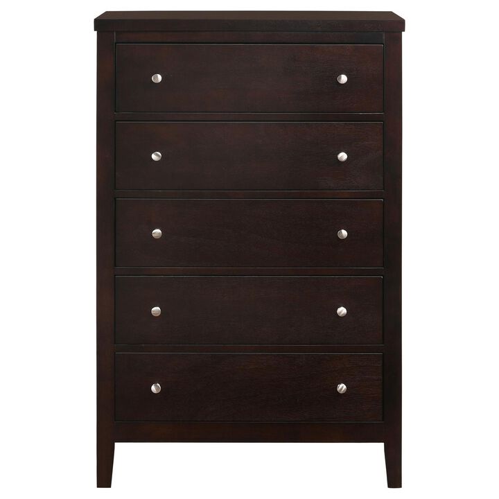 Con 48 Inch Tall 5 Drawer Dresser Chest, Silver Knobs, Cappuccino Brown - Benzara