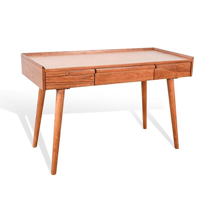 Amy Writing Desk, 48 Inch Rectangular Tabletop, 3 Drawers, Brown Solid Wood