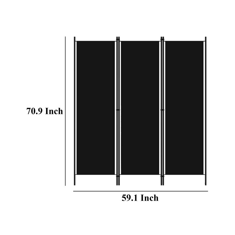 Dina 3 Panel Room Divider Screen, Black Fabric and Iron, 71 Inch - Benzara