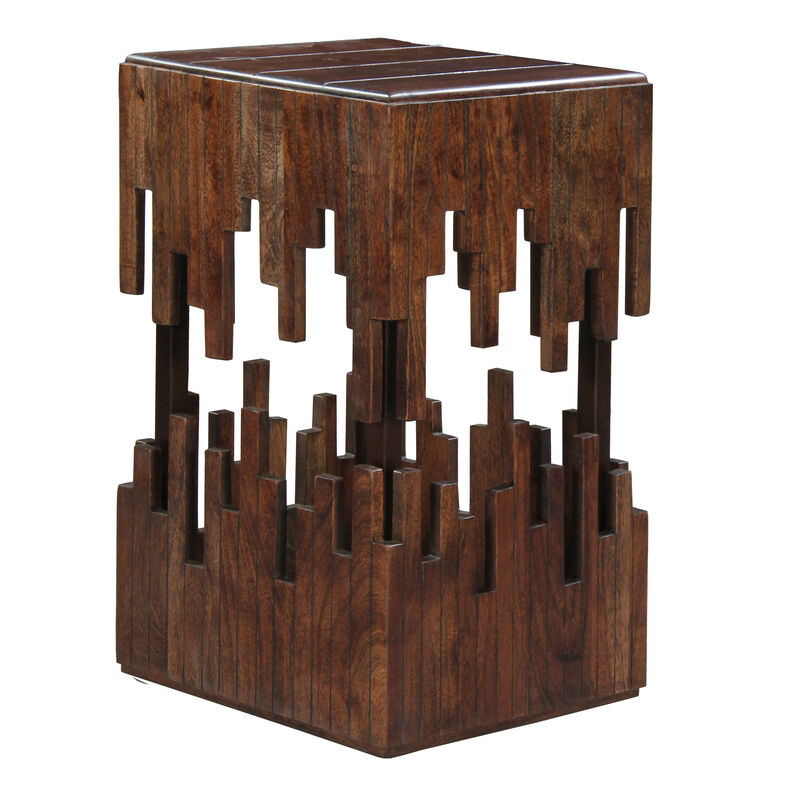 24 Inch Accent Side End Table, Brown Acacia Wood, Slatted Square Top, Handcrafted Abstract Silhouette, Black Iron - Benzara
