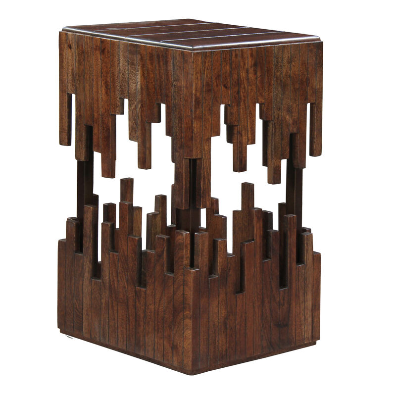 24 Inch Accent Side End Table, Brown Acacia Wood, Slatted Square Top, Handcrafted Abstract Silhouette, Black Iron