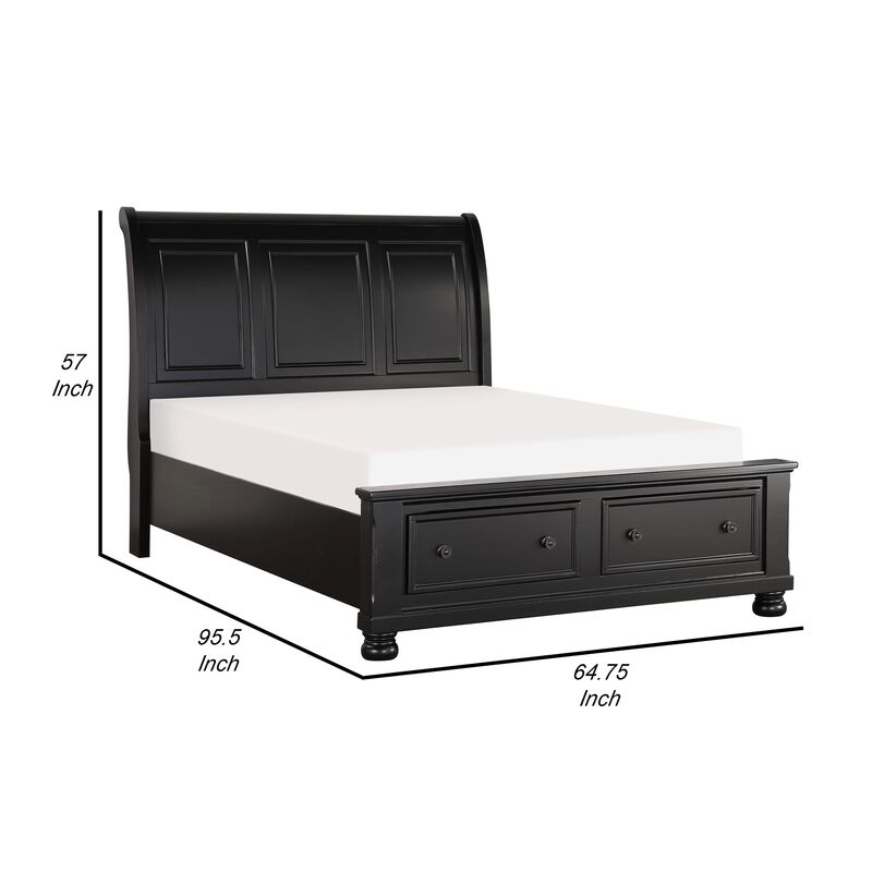 Bency Queen Sleigh Style Platform Bed, 2 Drawer Footboard, Bun Legs, Black