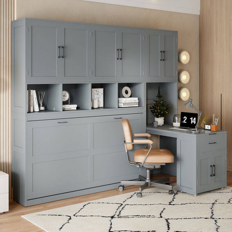 Whisen Modern Design Twin Size Murphy Bed Wall Bed, Folded into a Cabinet with Closet, Drawers and Desk