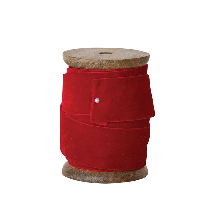 Red Velvet Ribbon on Mango Wood Spool
