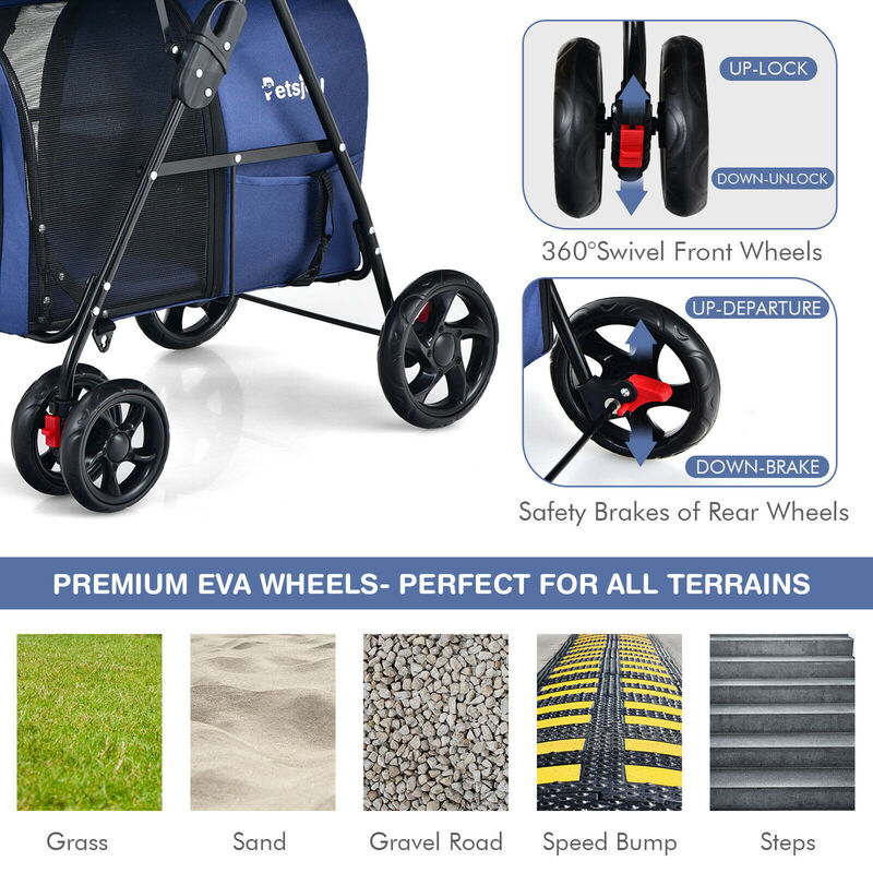 Costway 4-in-1 Double Pet Stroller w/ Detachable Carrier Travel Carriage for Cats Blue