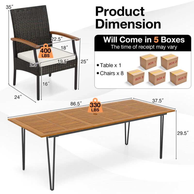 Hivvago 9 Pieces Outdoor Patio Dining Set with Acacia Wood Square Table and Umbrella Hole
