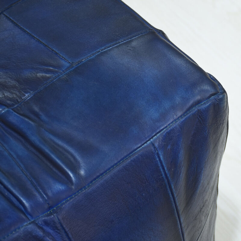 Geometric Handmade Leather Square Pouf 18"x18"x18" (Recycled Foam with Fibre Fill) Vintage Blue Color MABBBACPF25 BBH Homes