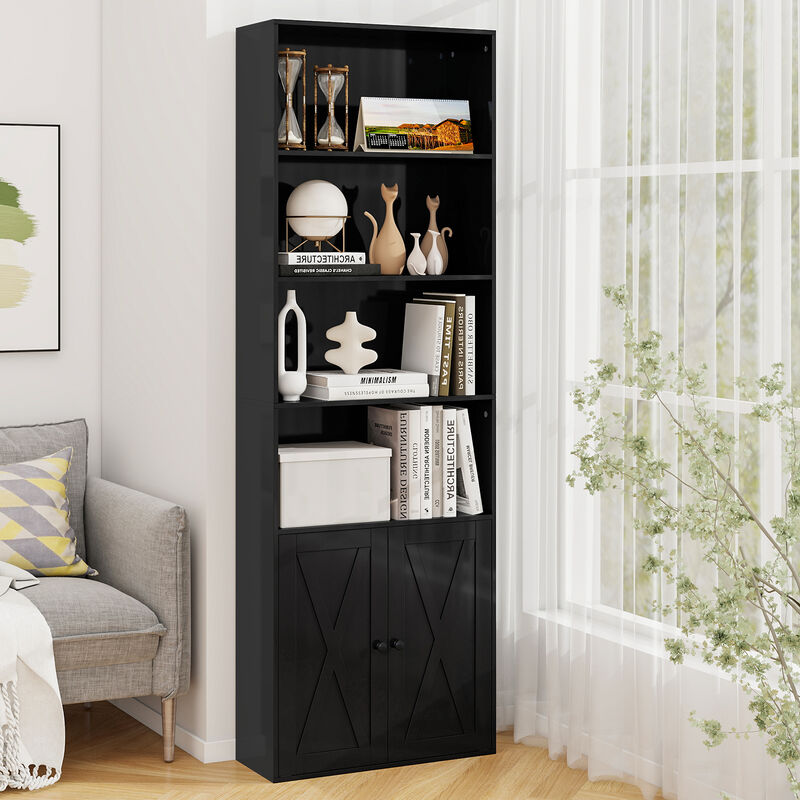 Black 71 Inch Bookcase with Storage Cabinet, Freestanding Shelf with 6 Shelves