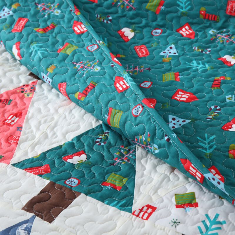 MarCielo 3Pcs Handcrafted Christmas Patchwork Cotton Vintage Style Holiday Bedspread Set PW101