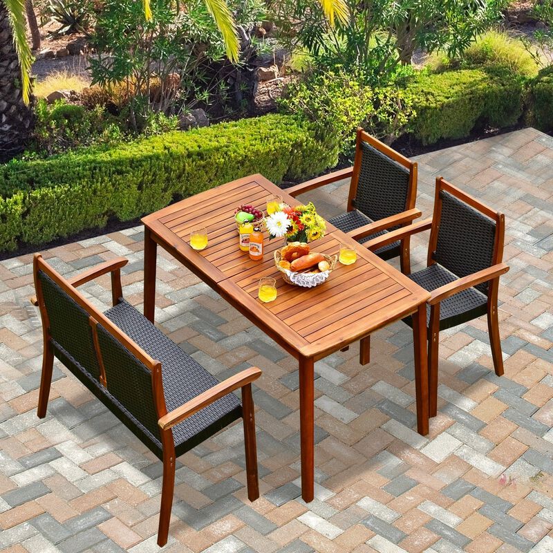 Mondawe 4-Piece Outdoor Acacia Wood Patio Set,Loveseat & Rectangular Table With Umbrella Hole