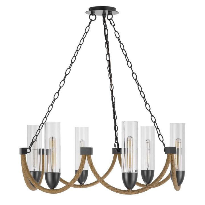 Arga 6 Light Chandelier, Glass Shade, Rope Arms, Bronze Metal 12 Inch