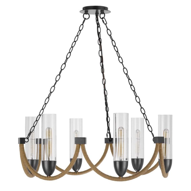 Arga 6 Light Chandelier, Glass Shade, Rope Arms, Bronze Metal 12 Inch image number 0