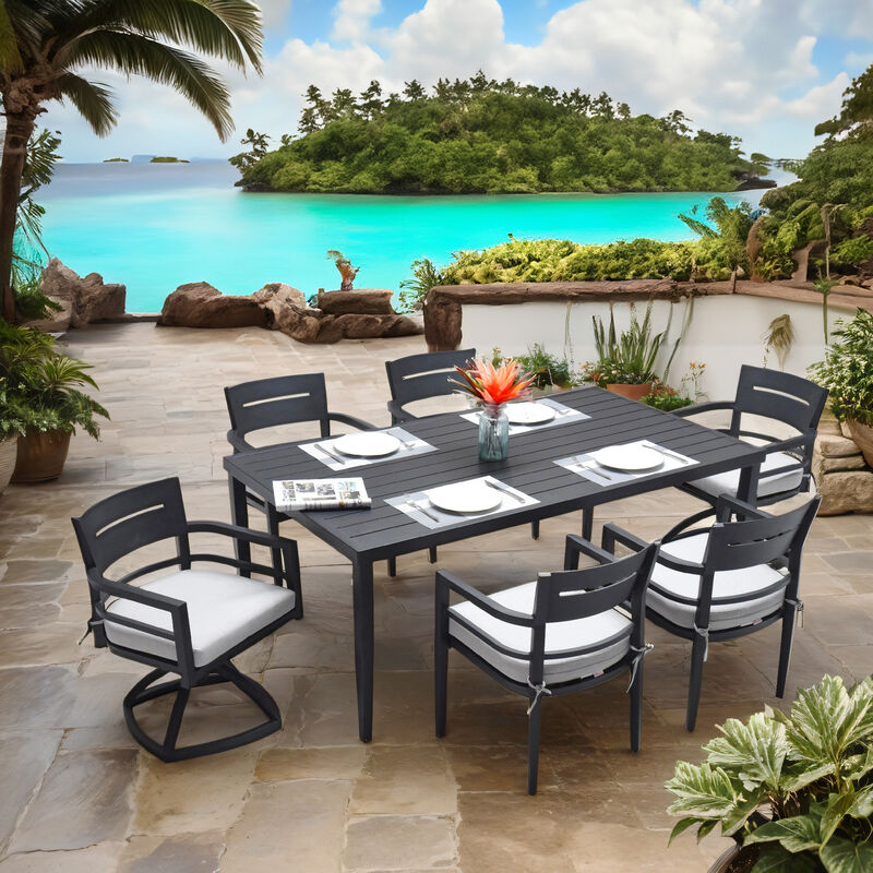 Modern 7-Piece Aluminum Patio Dining Set with Ergonomic Dining Chairs, Swivel Rockers, Sunbrella Fabric Cushions & Umbrella-Ready Rectangle Table
