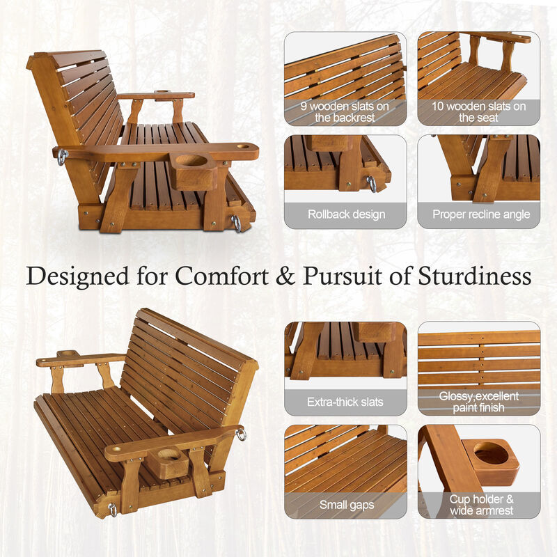 Mega Casa Wooden Porch Swing 2-Seater, Bench Swing with Cupholders, Hanging Chains and 7mm Springs, Heavy Duty 800 LBS, for Outdoor Patio Garden Yard (Brown)