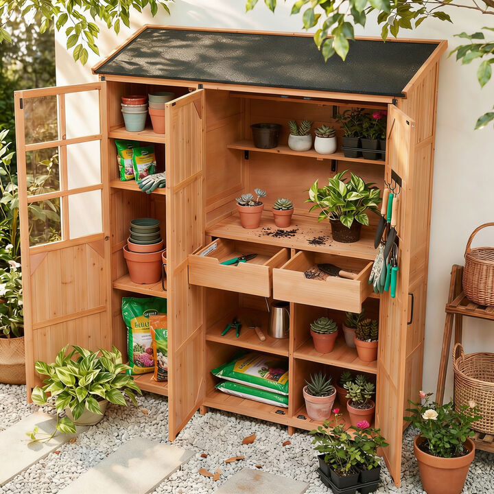 Whisen 60.6" Rustic Fir Wood Garden Shed with 2 Drawers, 7 Shelves & Workstation, Outdoor Backyard Storage Cabinet