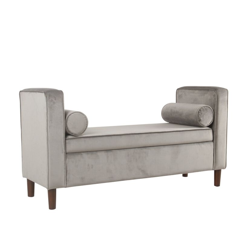 Velvet Upholstered Wooden Bench with Lift Top Storage and Two Bolster Pillows, Gray - Benzara