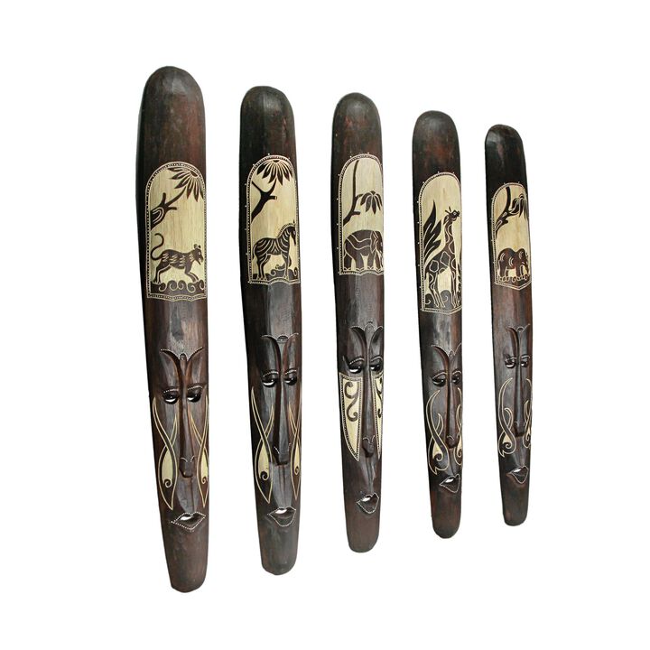 Set of Five 39 Inch Hand Carved African Style Tribal Masks Wall Bar Decor