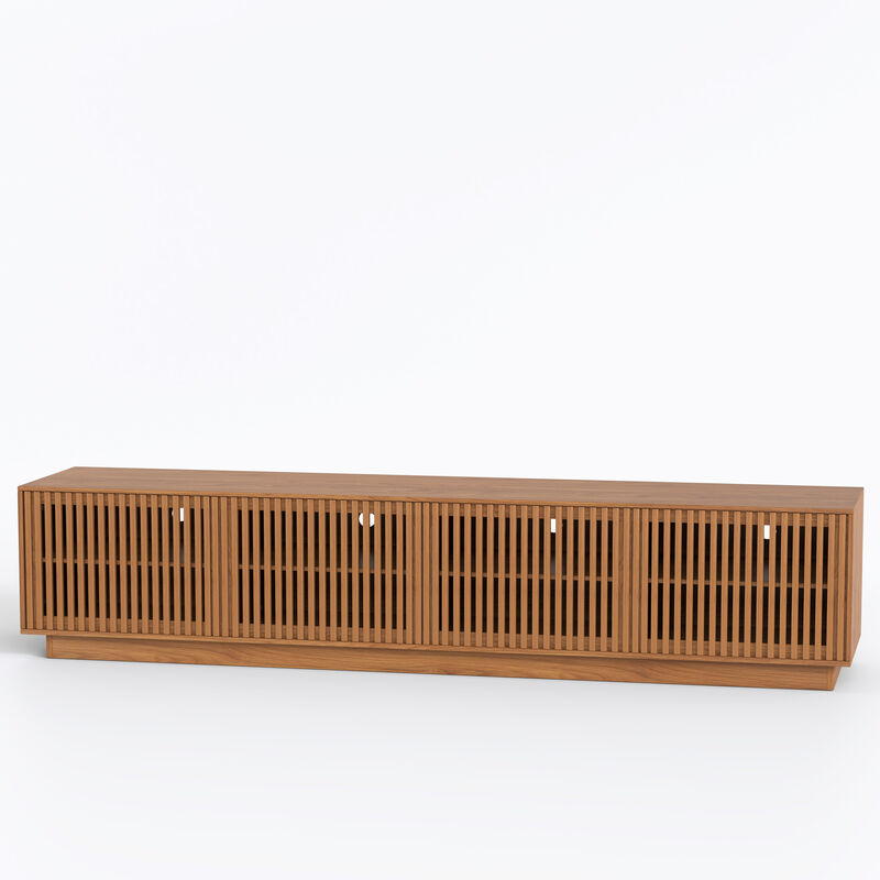 Wooden TV Stand with 4 Slatted Doors for Living Room, Walnut image number 3