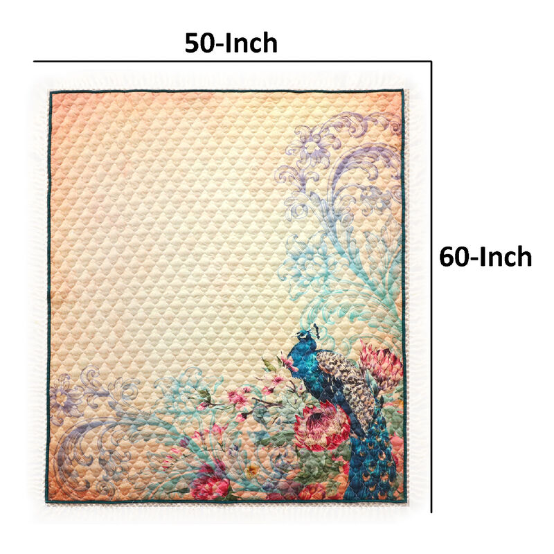 Ufa 60 Inch Quilted Throw Blanket, Blue Microfiber, Peacock, Floral Design - Benzara