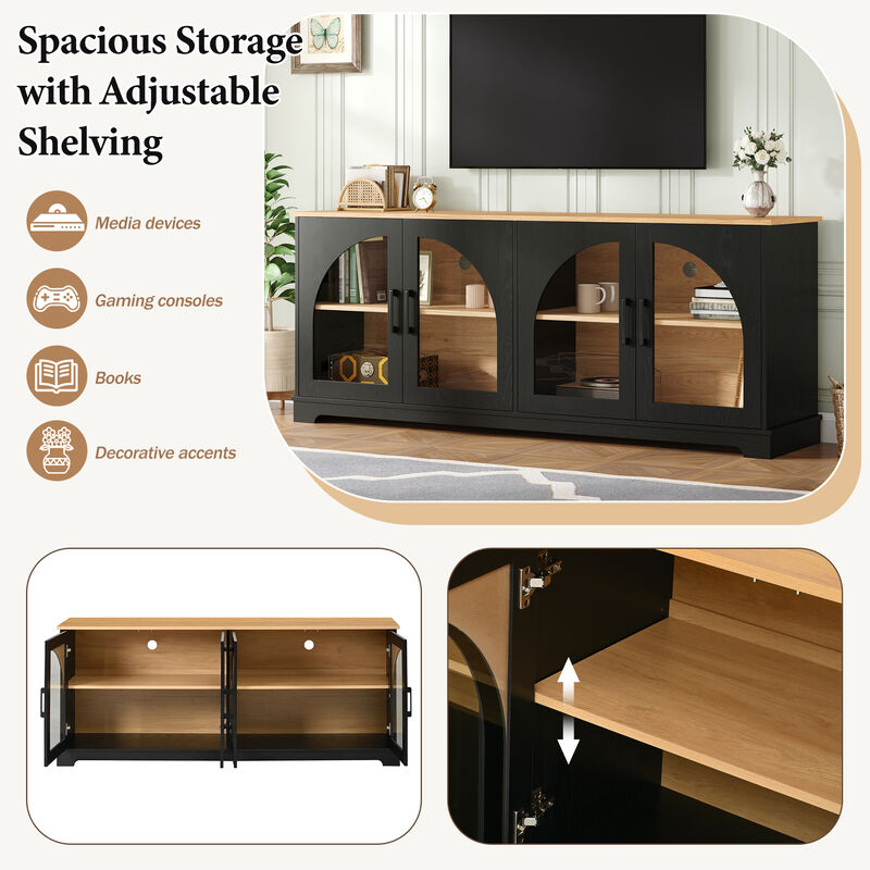 TATEUS Elegant Farmhouse Media Sideboard with Semi-Arched Glass Doors, 70" TV Stand Cable Management image number 3