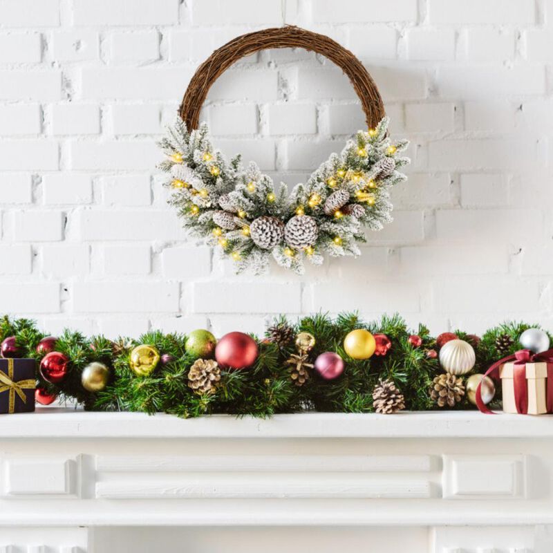 Hivvago Pre-lit Snow Flocked Artificial Christmas Wreath with 8 Pine Cones and 35 LED Lights