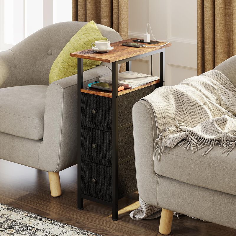 TRIFEBLE End Table with Charging Station, Narrow Side Table with 3 Fabric Drawers, Skinny Nightstand with LED Light, Slim Bedsid