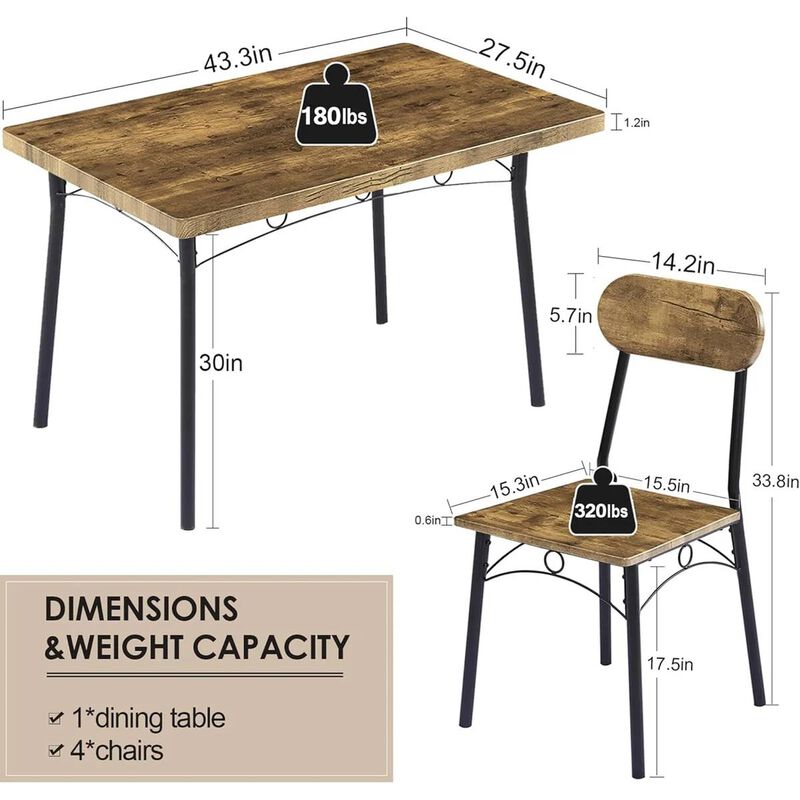 5-Piece Dining Set – Industrial Style Table with Wood Top & 4 Matching Chairs