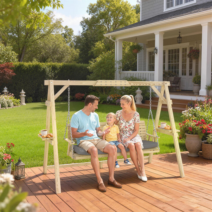 Hivvago 3-Seat Wooden Porch Swing with Stand & Cushion