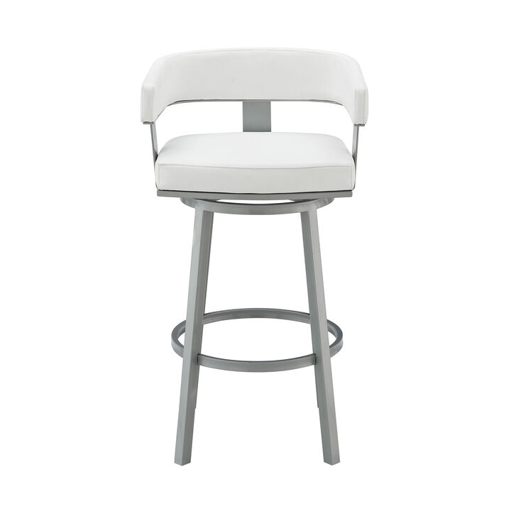 HomeRoots 26" White And Gray Faux Leather And Fabric And Iron Low Back Counter Height Swivel Bar Chair