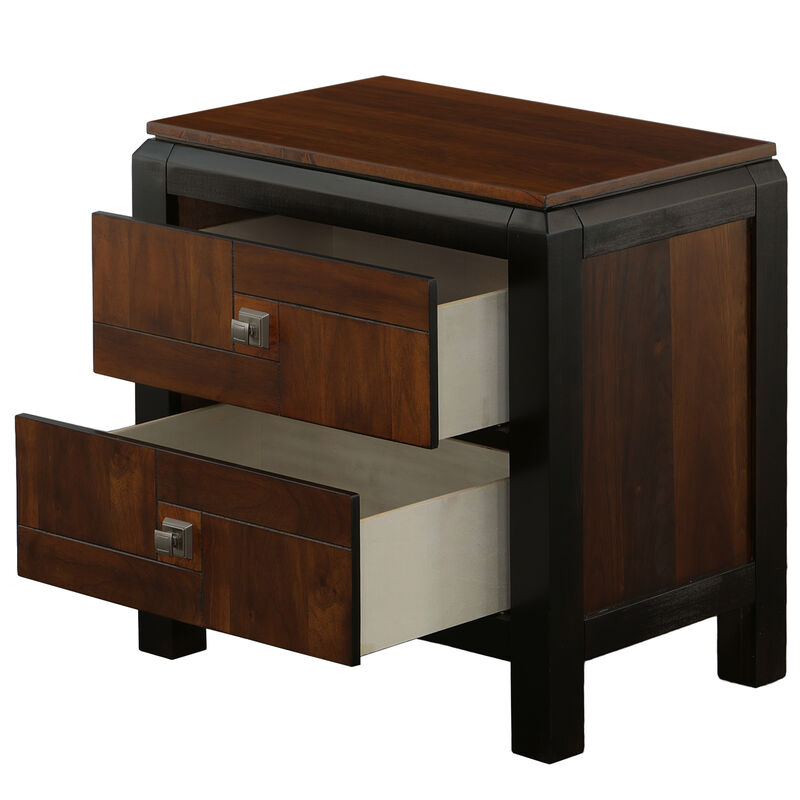 28 Inch Handcrafted Bedside Nightstand, 2 Drawers, Sleek Wood Pattern, Square Knobs, Walnut Brown-Benzara