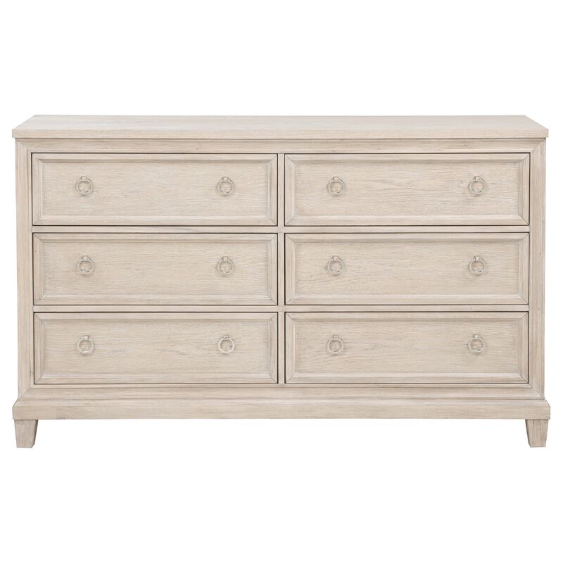 Kylie Wide Dresser with 6 Drawers, Stepped Trim, Washed Oak Wood image number 2