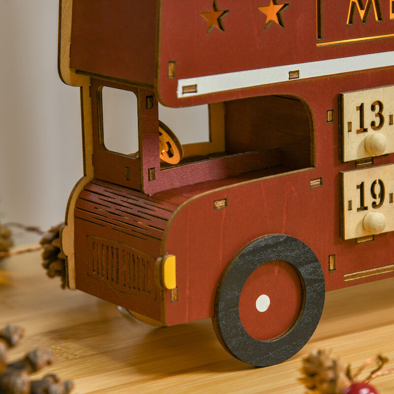 Christmas Advent Calendar, Light Up Wooden Bus Decoration w/ Village & Drawers