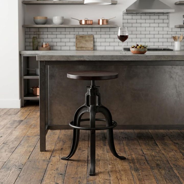 HomeRoots Brown And Black Wood And Iron Backless Swivel Bar Chair