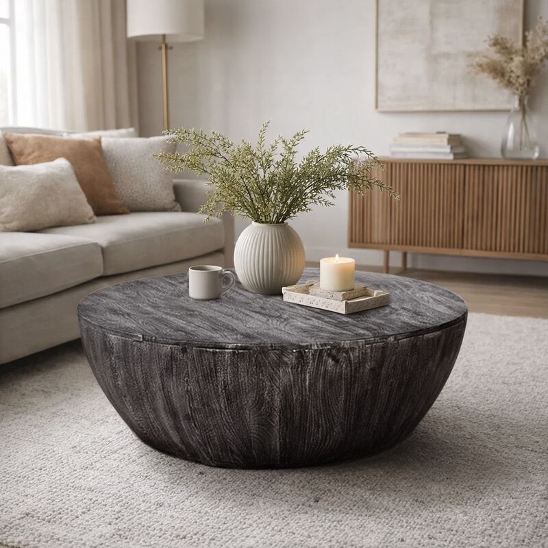 Arthur 36 Inch Farmhouse Style Handcrafted Mango Wood Coffee Table, Round Drum Shape, Sandblasted Black image number 6