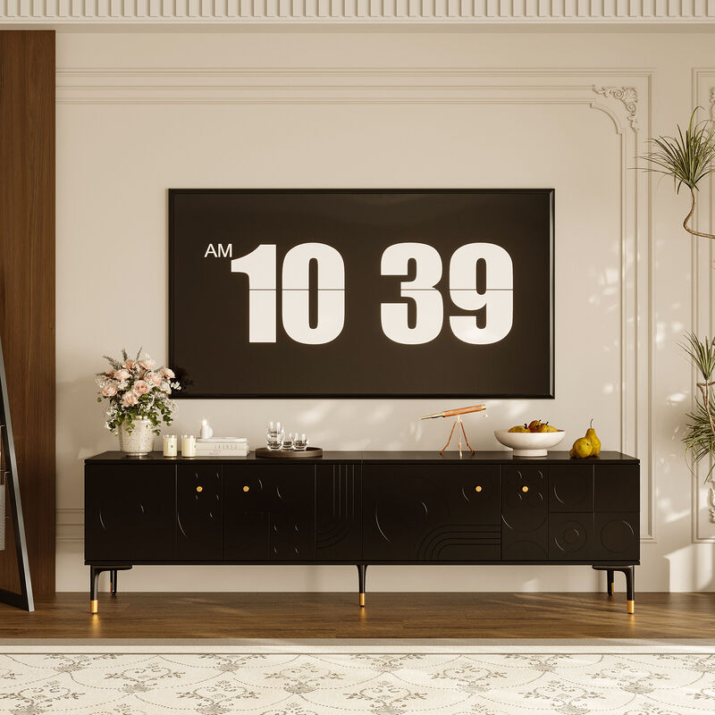 FUFU&GAGA Modern TV Stand with Large Storage Capacity, Formed Geometric Embossing and Gold Conical Handles, (78.7 in. W x 15.7 in. D x 22 in. H), Black