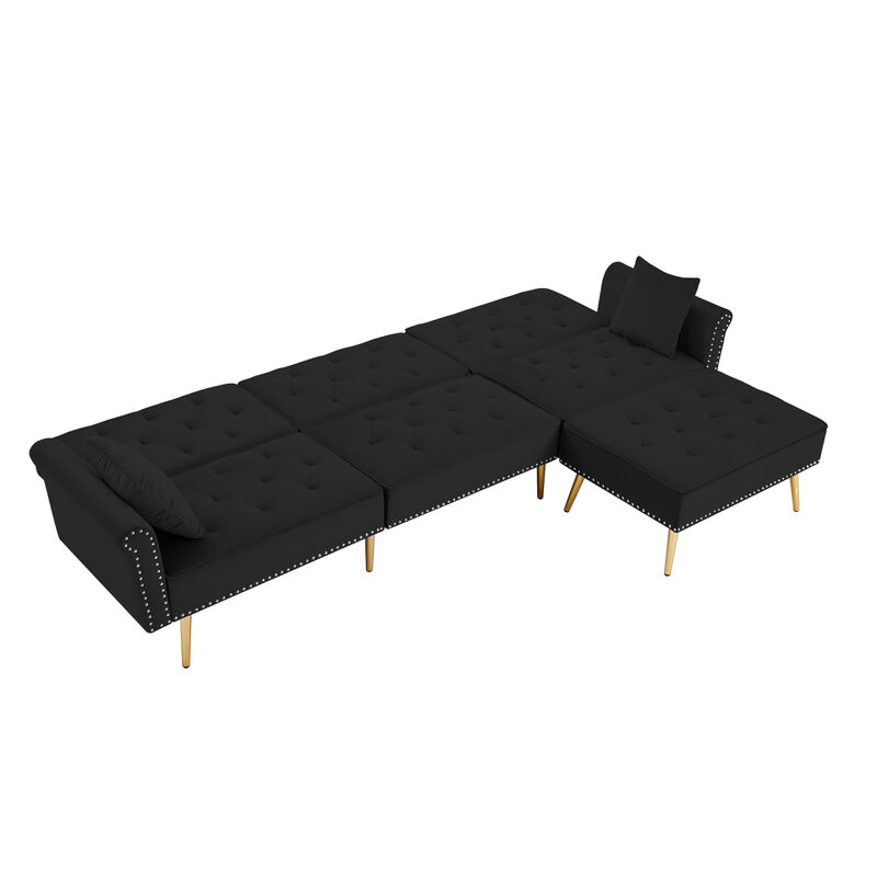 Modern Velvet Upholstered Reversible Sectional Sofa Bed, L-Shaped Couch with Movable Ottoman and Nailhead Trim For Living Room. (Black)