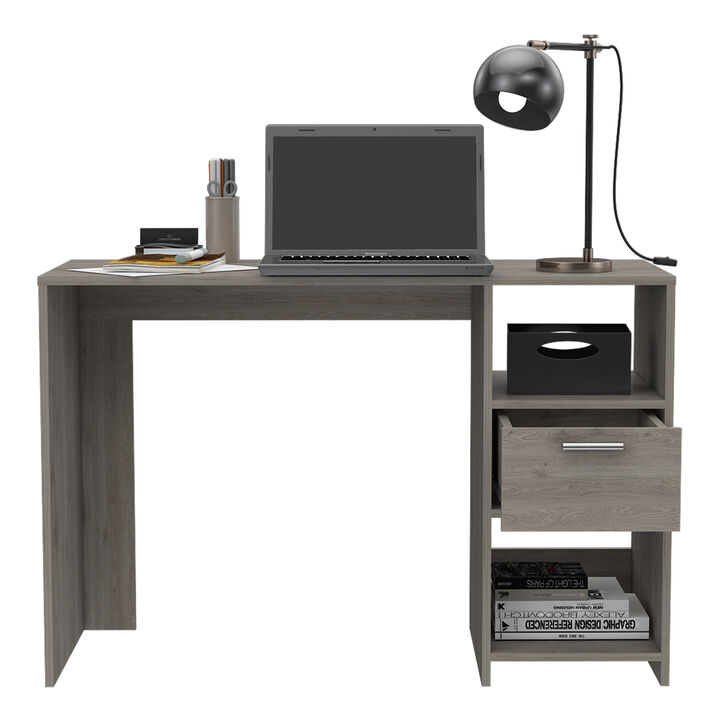DEPOT E-SHOP Naxos Computer Desk with 1-Drawer and 2-Open Storage Shelves, Light Gray