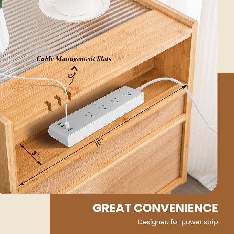 Set of 2 Bamboo Rattan Nightstand with Drawer and Solid Wood Legs