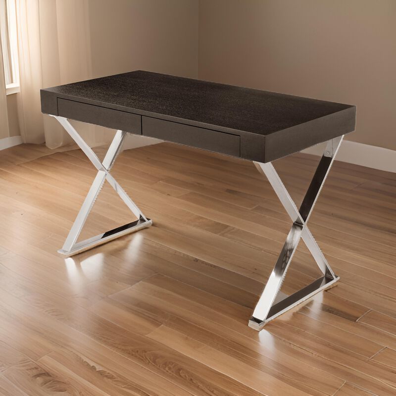 Rix 47 Inch Office Desk, Espresso Brown Wood, 2 Drawers, X Polished Steel - Benzara