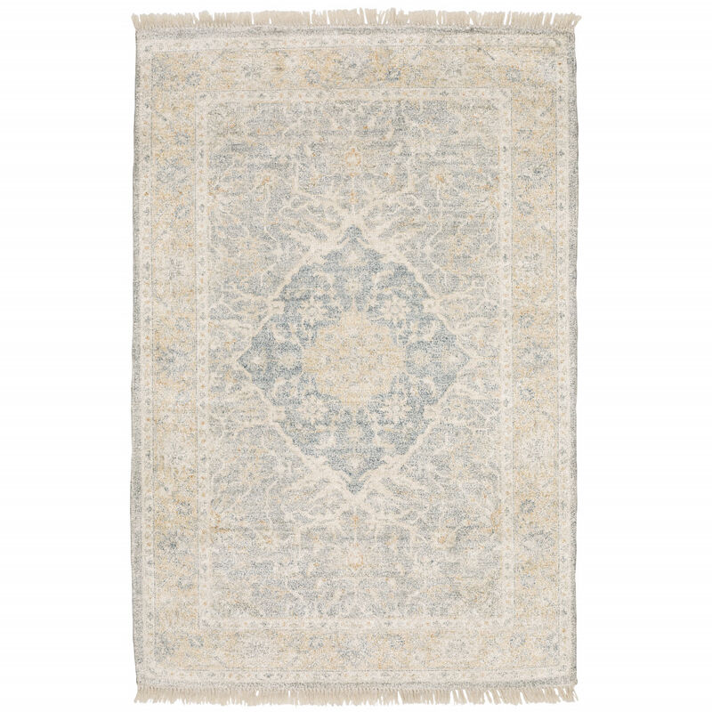 8 X 10 grey And Beige Oriental Hand Loomed Stain Resistant Area Rug With Fringe