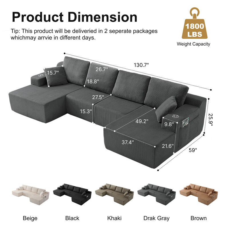 Cleblu 130" U-Shaped Modular Sectional Sofa image number 6