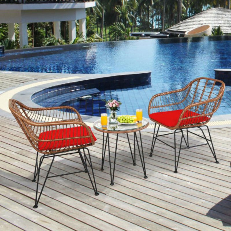 Patio Bistro Set &ndash; 3-Piece Rattan Furniture Set with Cushioned Seats & Coffee Table