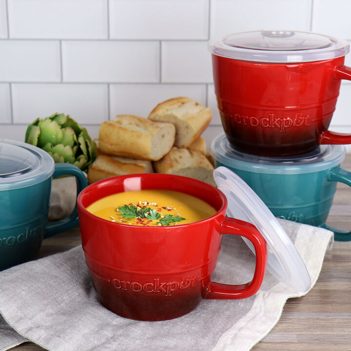 Crock Pot Swinton 4 Piece 22 Ounce Stoneware Soup Cup Set with Lids in Teal and Red